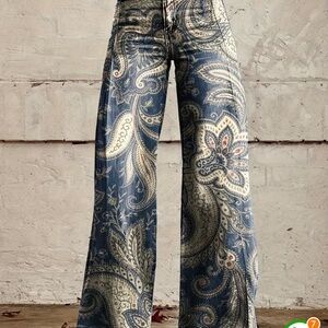 Paisley Wide Leg Pants - Blue and Cream